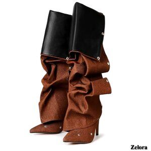 Slouchy Knee High Boots with Shark Stiletto Heel, Fold-Over Wide Calf